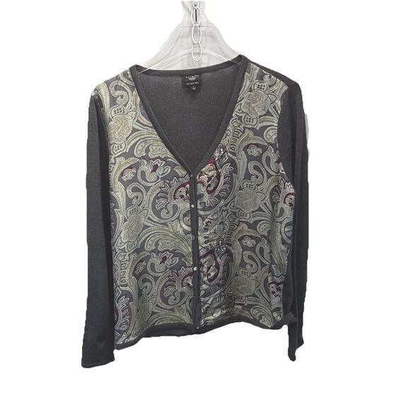 Talbots Petites Italian Merino Wool Silk Cardigan Women’s Large Paisley Gray - Picture 1 of 7